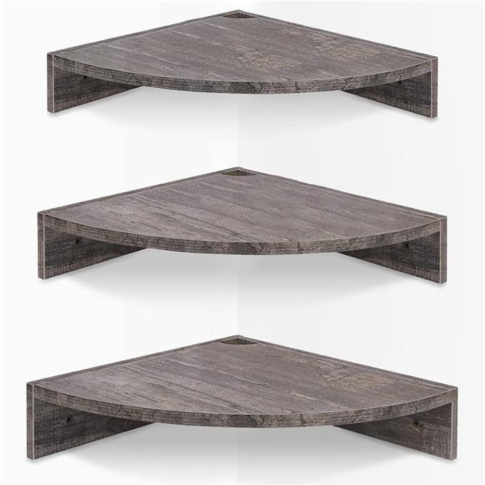 Set of 3 Corner Wall Shelves, 3 Tier Wood Hanging Shelf, Rustic Grey